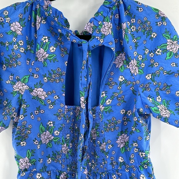 J Crew Factory Puff Sleeve Tie Back Mini Dress Blue Floral 6 - Picture 7 of 8